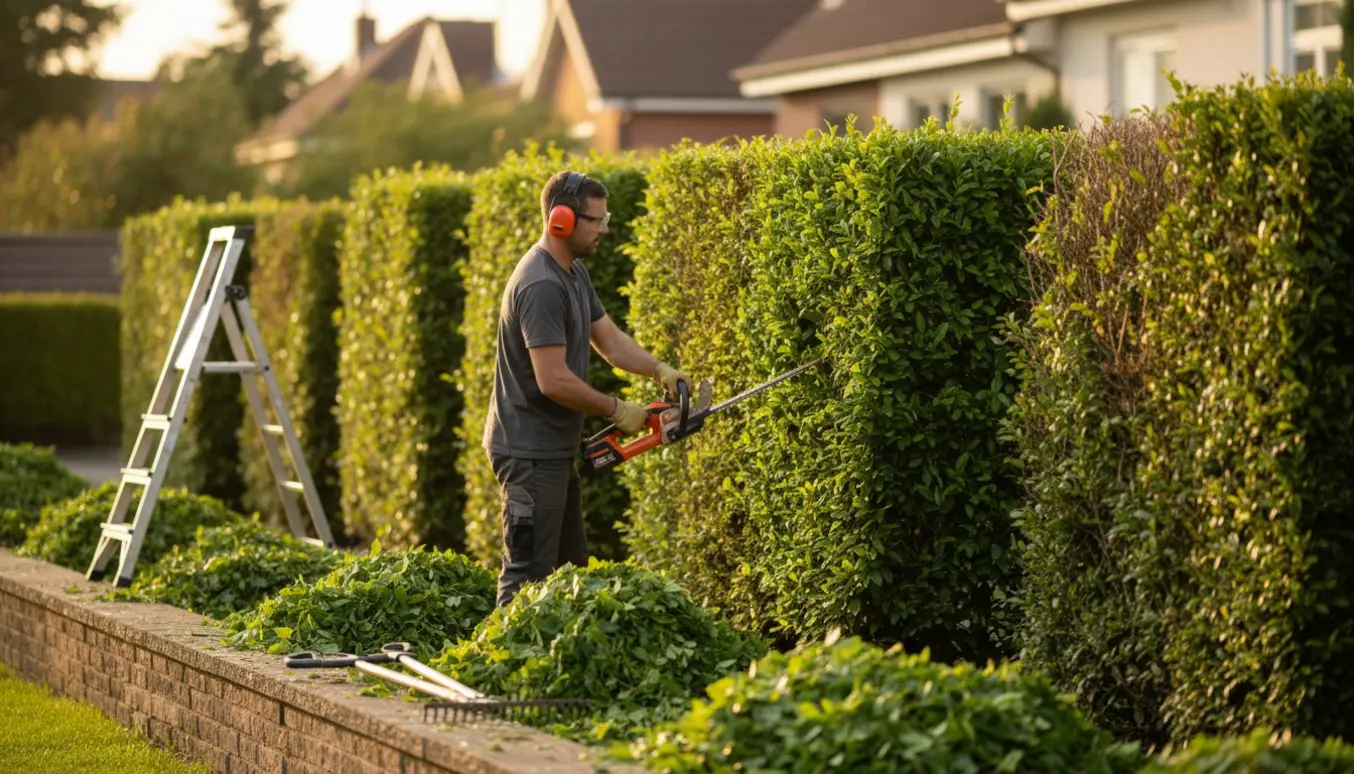Professionel hækkeklipning med trimmer og stige foran række af hække i to forskellige højder.