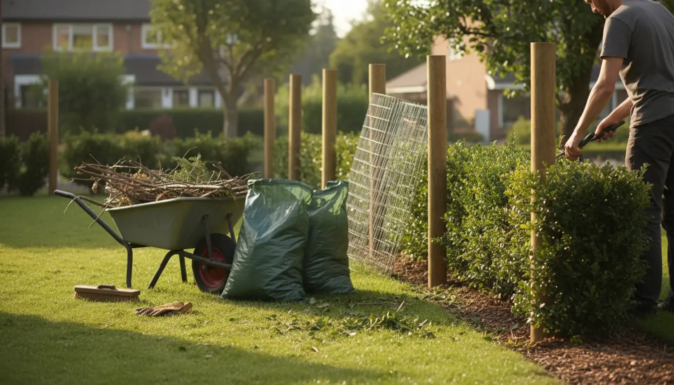 Havearbejder beskærer en hæk og samler grene i en trillebør.