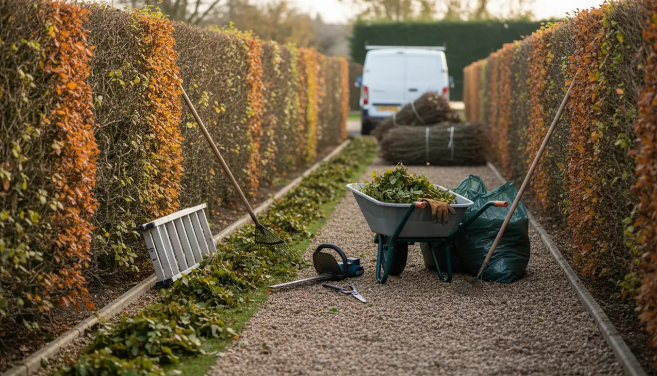 Professionel klipper og opsamler afklip fra en lav dobbeltsidet bøgehæk med trillebør og haverposer.