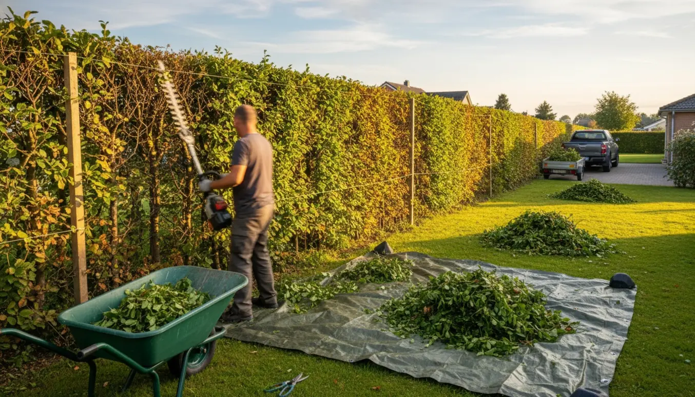 Bøgehæk klippes til jævn top med bunker af afklippede grene og en trillebør klar til bortkørsel.