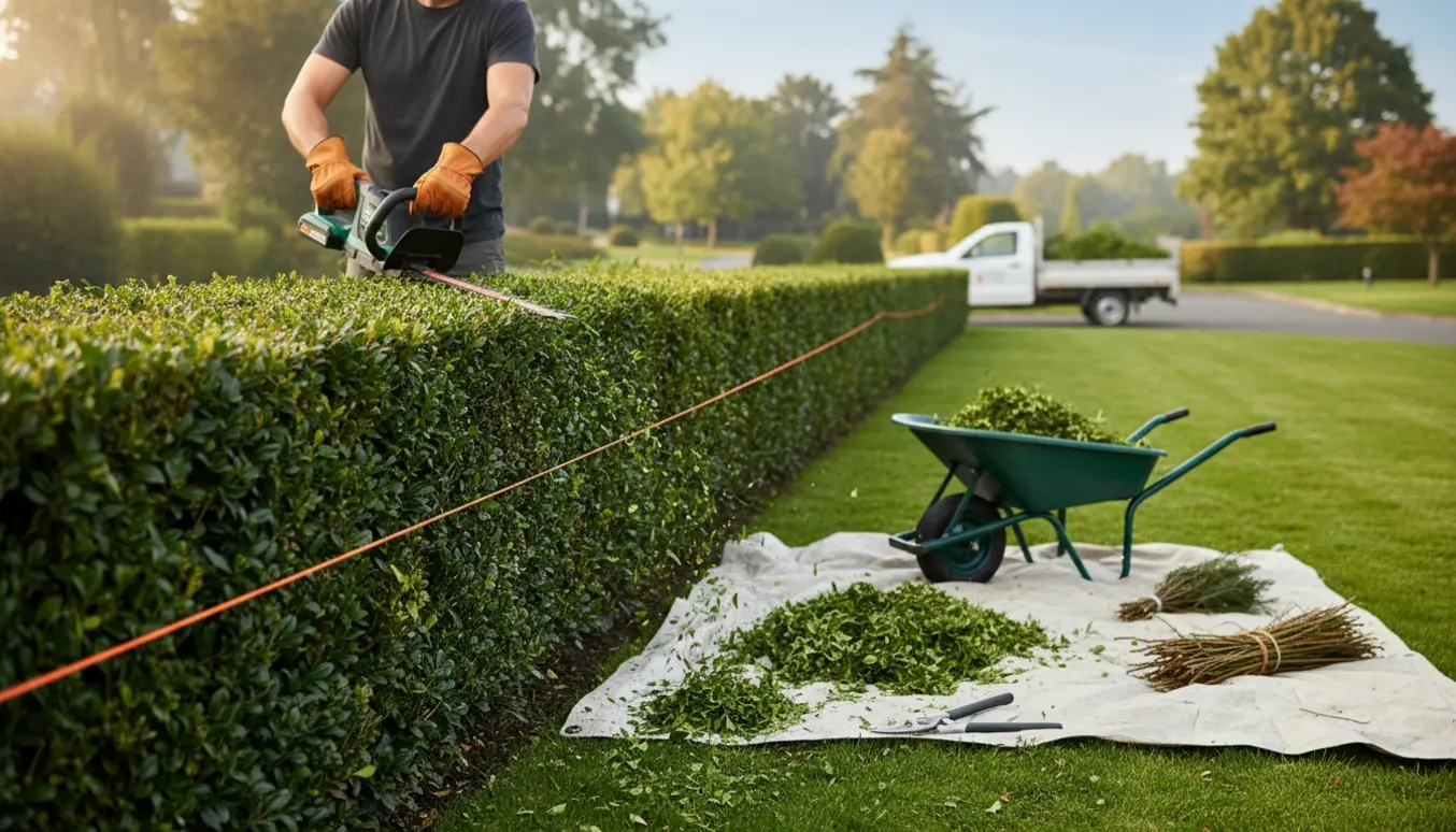 Nærbillede af beskæring af en lang ligusterhæk med hækkeklipper og bunker af afklip på en presenning.