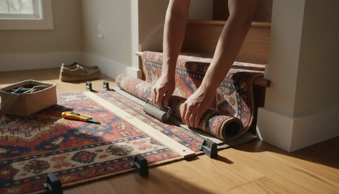 Nærbillede af hænder, der retter et kelim-gulvtæppe ud ved kanten af en trappe i et lyst, lille rum.