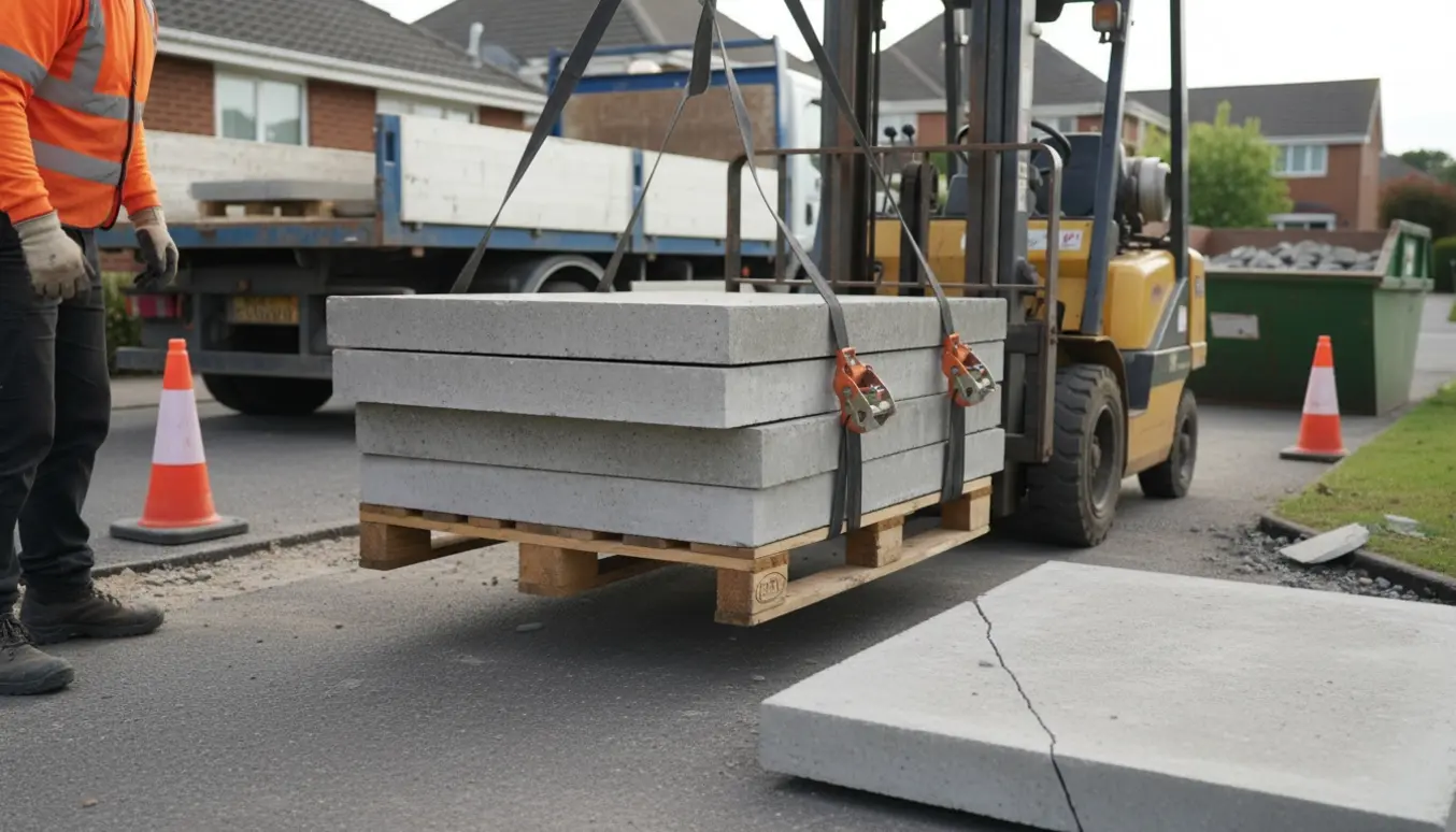 Gaffeltruck laster store betonfliser i indkørslen, én flise er tydeligt revnet.