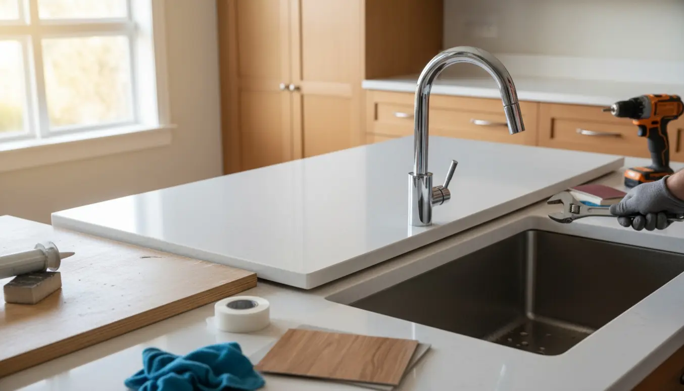 Nærbillede af køkkenbord under renovering med ny belægning og ny kromhane ved vasken.