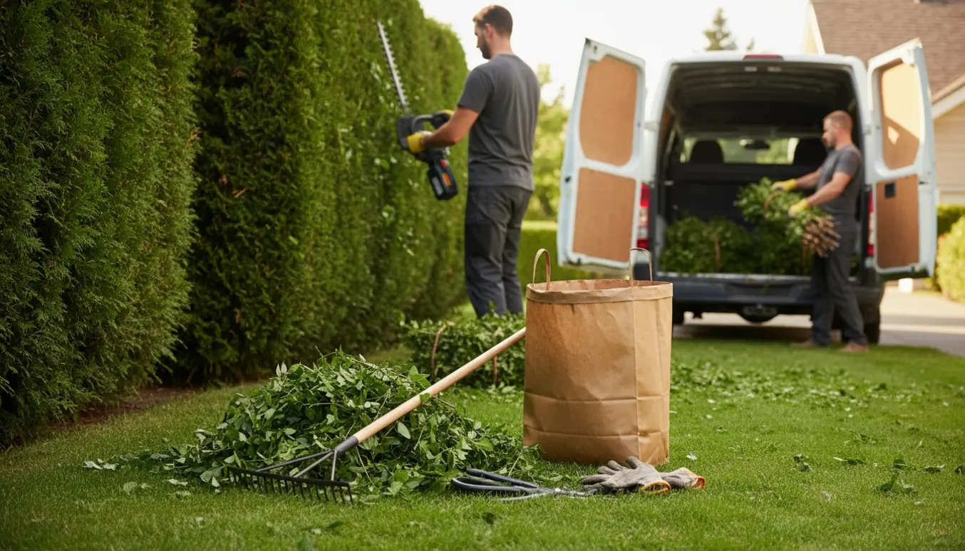 En havearbejder klipper en hæk og læsser grenaffald i en varevogn med redskaber i forgrunden.