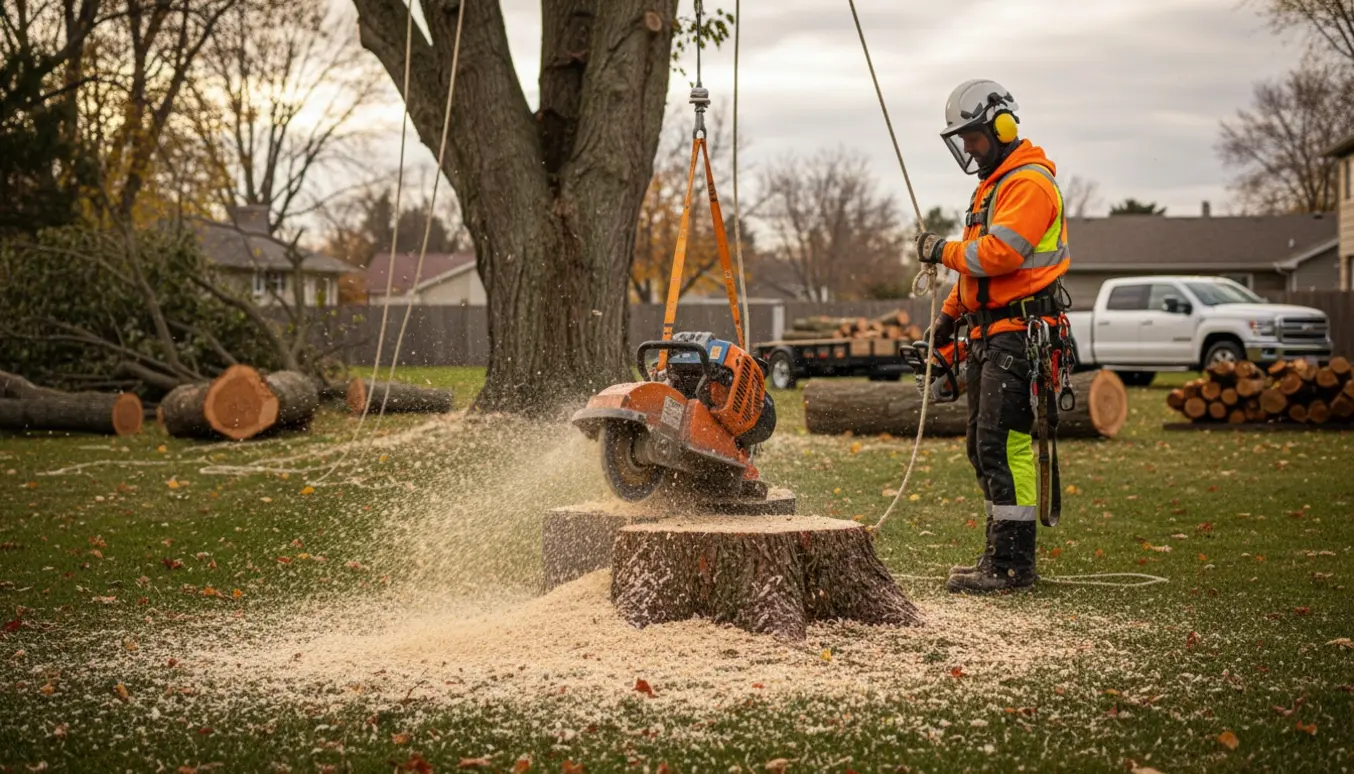 Arborist fælder træ og fræser stub i en have med træflis og læsseanhænger i baggrunden.