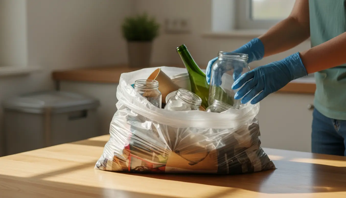Gennemsigtig affaldspose med mest papiraffald og nogle glasflasker på et lyst køkkenbord.