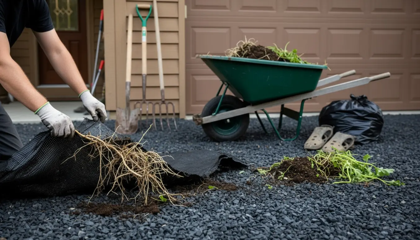 Grå-sorte grusarealer ved hus og garage hvor ukrudtsmembran og ukrudt bliver trukket op med værktøj og samlet i en trillebør.