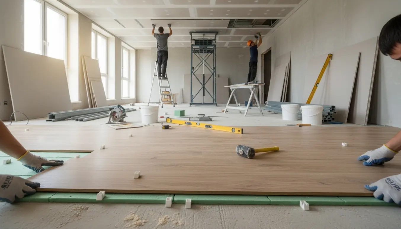 Håndværkere lægger to-lags gips i et nedsænket loft og flydende gulv i et lyst rum, kun hænder og rygge synlige.