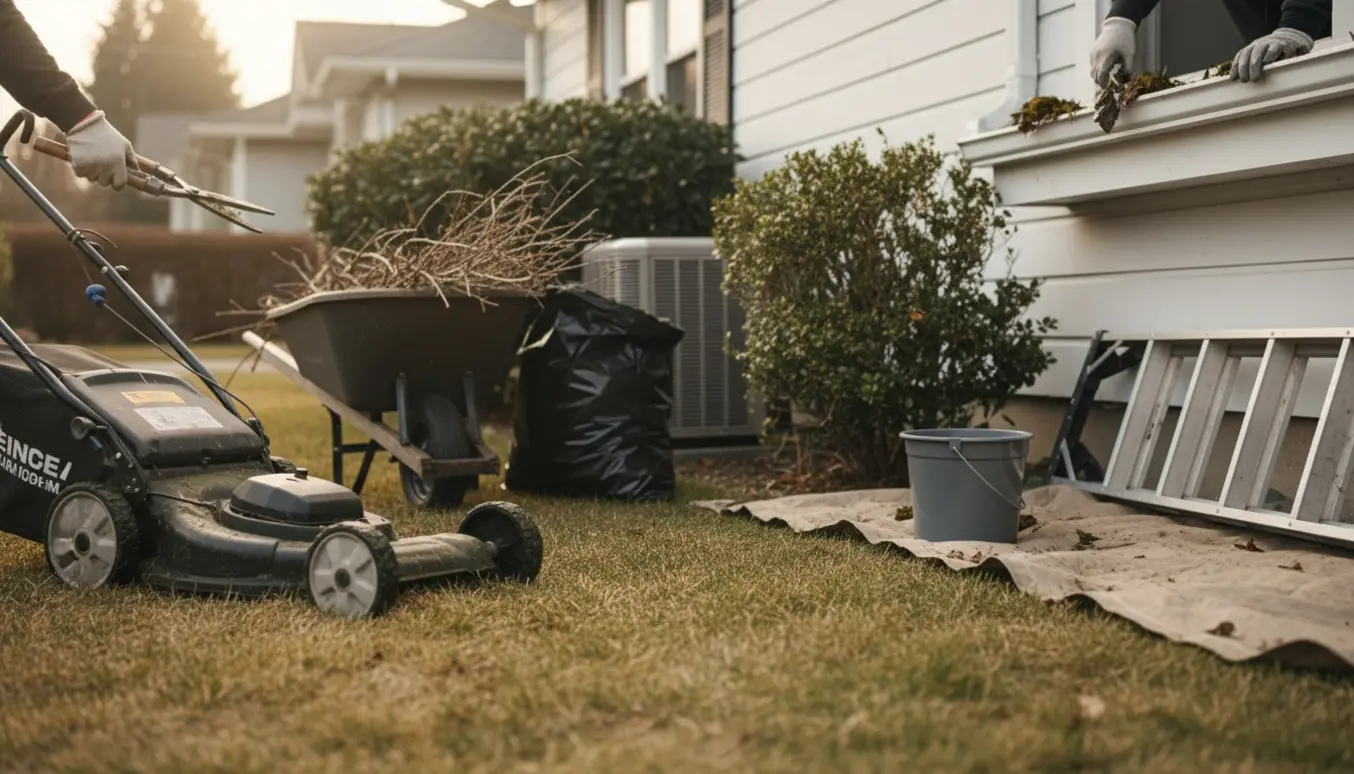 Uden synligt ansigt slår en person græs, beskærer en busk ved varmepumpen og renser tagrenden.