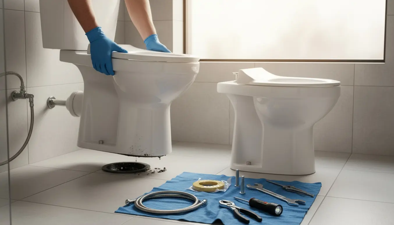 Nyt toilet klar til montering i badeværelse med afmonteret gammelt toilet og værktøj.