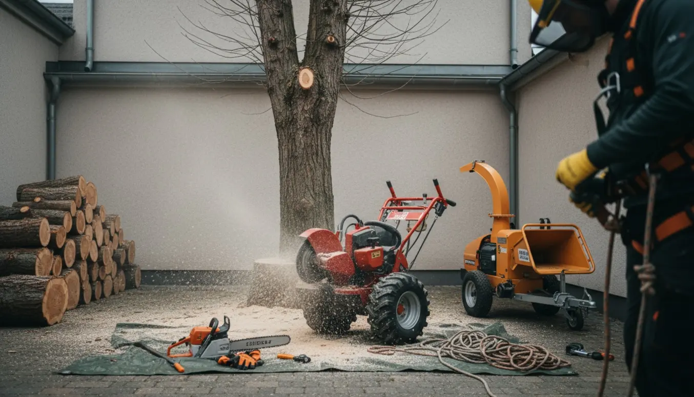 Stubbefræsning og fældede træstammer tæt ved en bygning med savsmuld og udstyr, uden synlige ansigter.