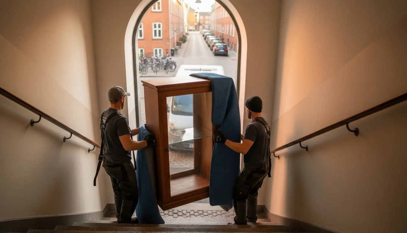 To flyttemænd bærer et massivt vitrineskab ned ad en trappe mod en ventende varebil i gyldent aftenlys.