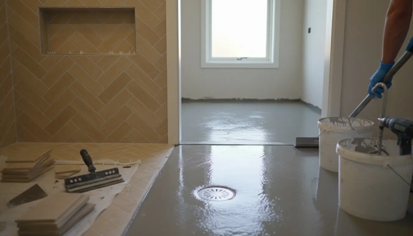 Badeværelse og bryggers under renovering med nye klinker i brusenichen og flydespartel, der glattes mod et afløb.