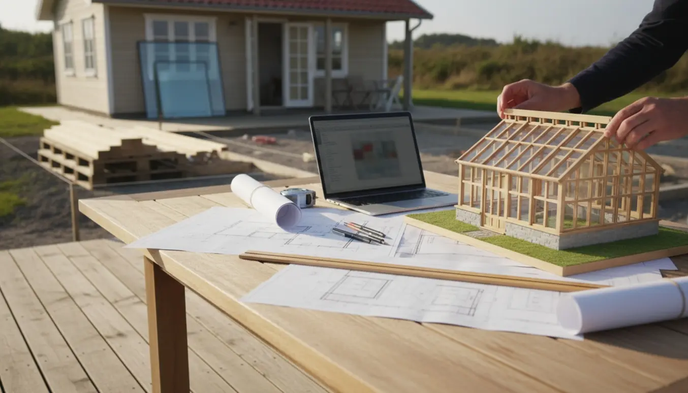 Arkitektbord med plantegninger og skalamodel af et orangeri foran et sommerhus klar til byggetegning.
