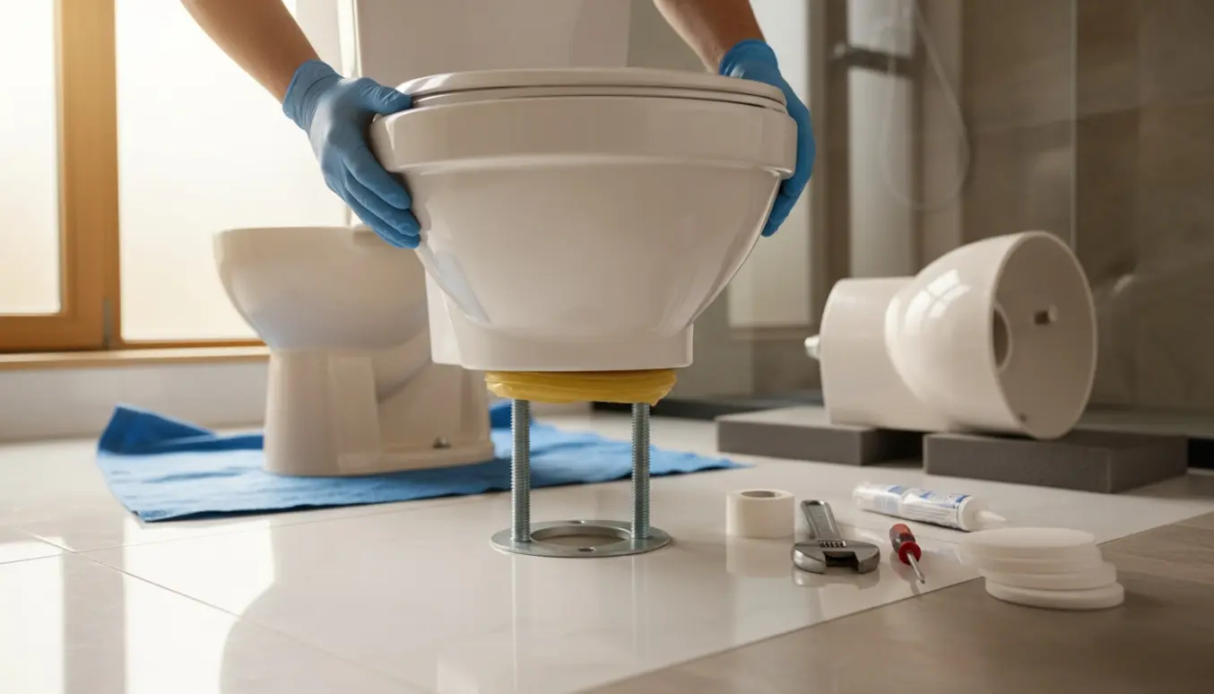 Håndværker monterer et nyt toiletskål på gulvflangen i et lyst, moderne badeværelse med værktøj og materialer omkring.