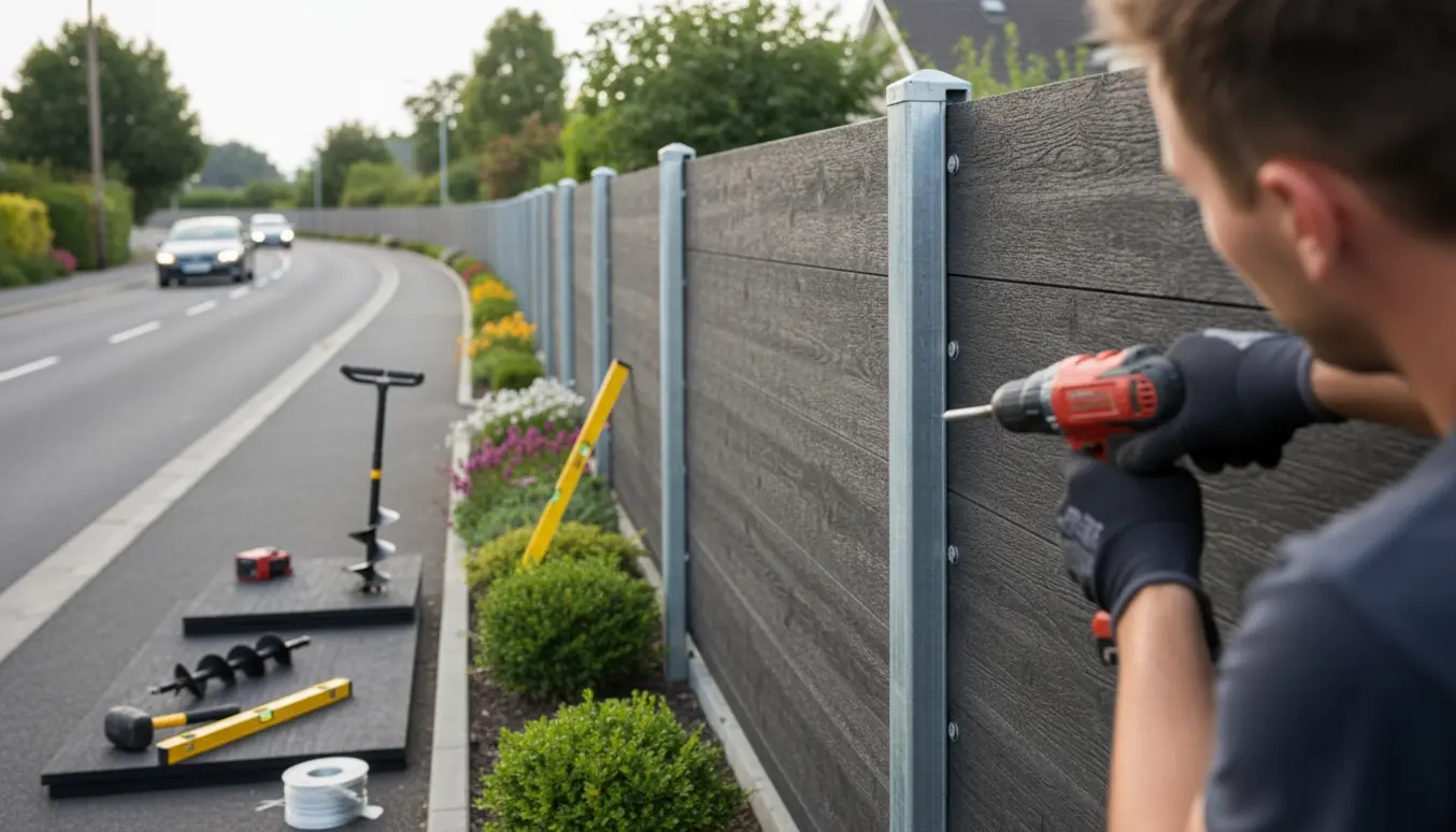 Vedligeholdelsesfrit støjhegn i et parcelhusområde med håndværkerens hænder, der monterer paneler.