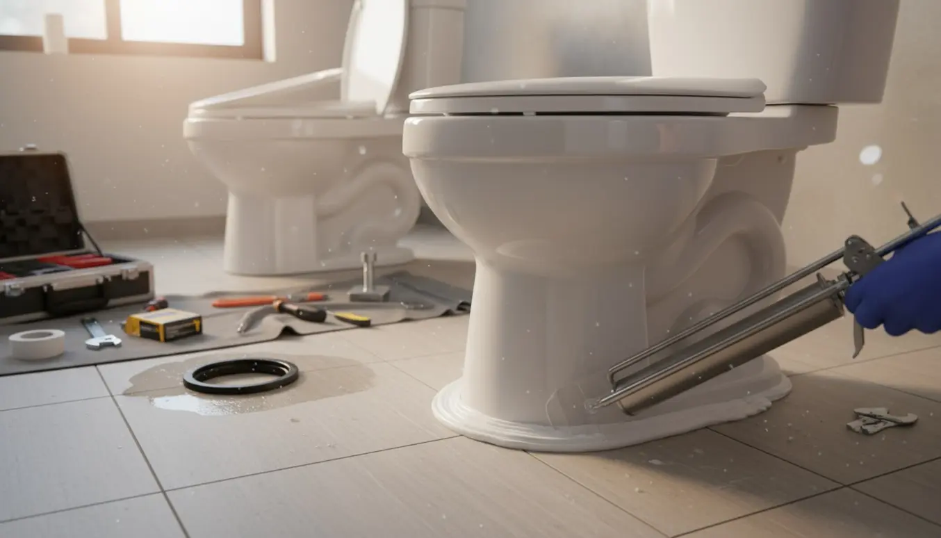 En handske‑klædt hånd fuger nyt toilet i et lyst badeværelse mens et andet toilet er under udskiftning.