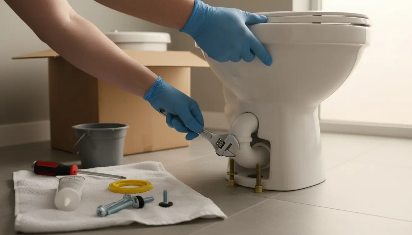 Installation af nyt toilet med P-lås, håndværker forbinder toilettet til gulvafløbet.