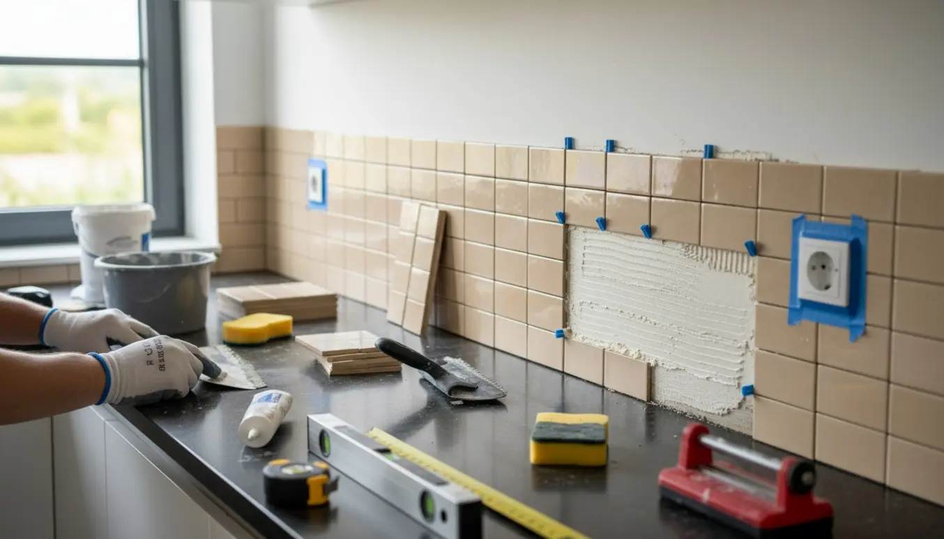 Køkkenvæg med små 15x5 cm fliser under opsætning, værktøj og hænder i arbejde, uden synlige ansigter.