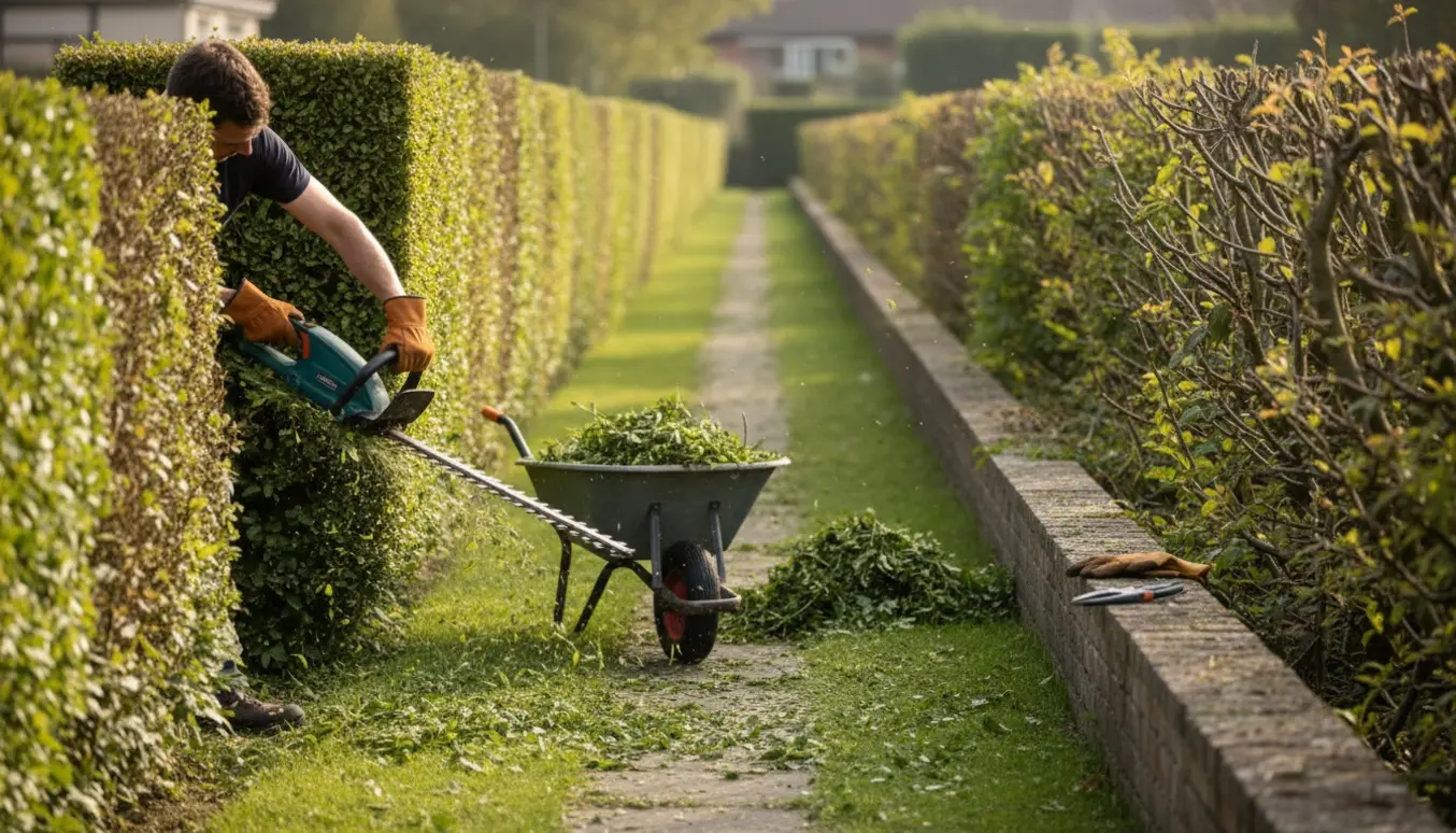 En elektrisk hækkeklipper i brug langs en lang hæk med friske afklip og en ryddelig havegang.