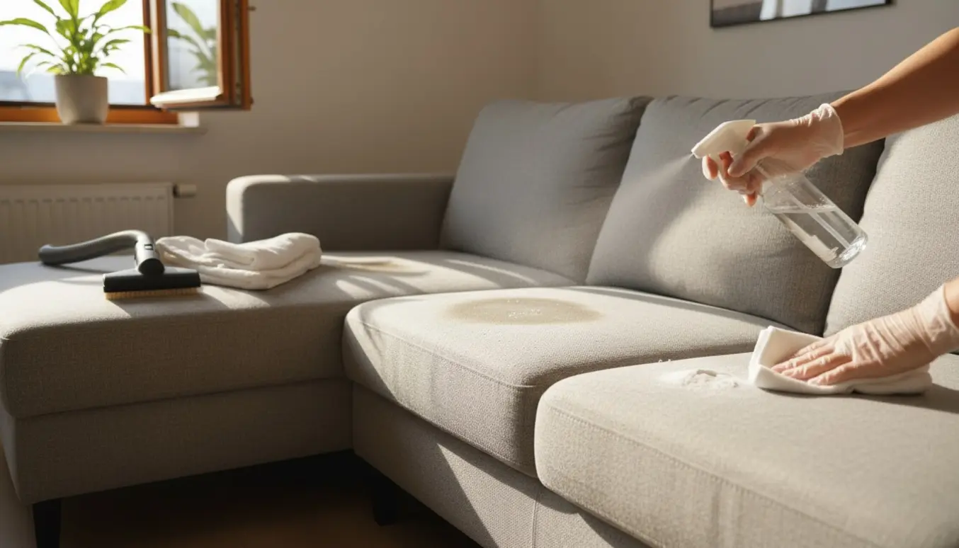 Nærbillede af rensning af to urinpletter på en stor hjørnesofa med handsker, sprayflaske, bagepulver og mikrofiberklude.