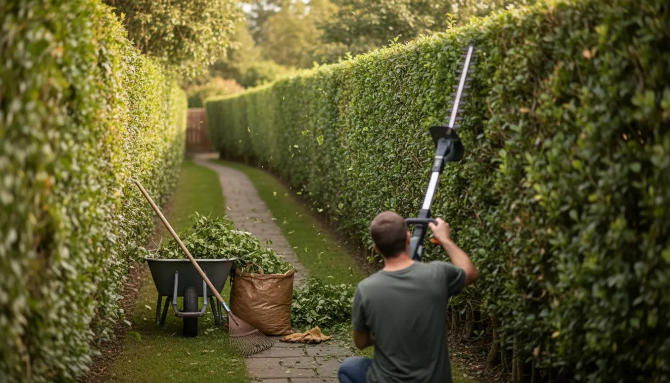 Person klipper en lang hæk på omkring 25 meter med afklip samlet i en trillebør.