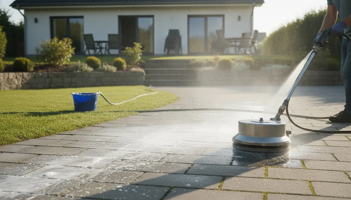 Højtryksrensning af indkørsel og terrasser med synlig før-og-efter-effekt, person set bagfra.