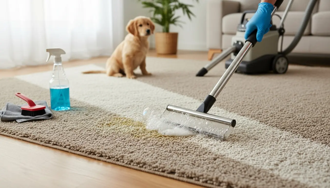 Tæt foto af professionel tæpperensning efter hvalpeuheld med rengøringsmaskine og hvalp i baggrunden.