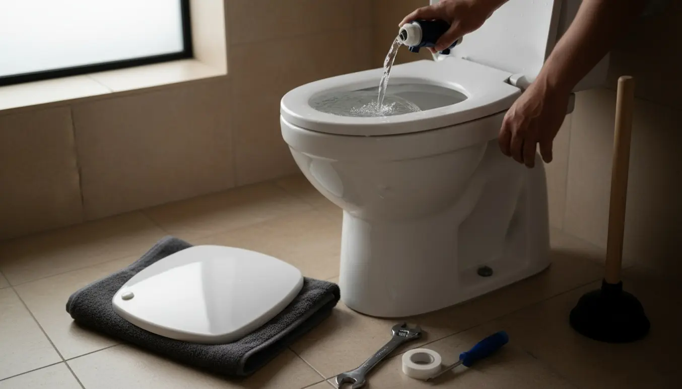 Åbent toilet med vand, der løber konstant i cisteren, og værktøj ved siden af.