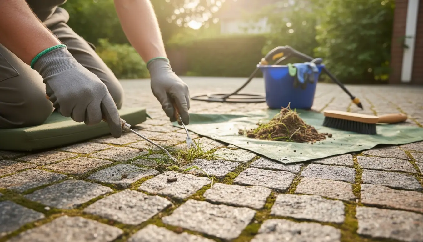 Nogle fjerner ukrudt mellem fliser og brosten med håndredskaber på en solbeskinnet indkørsel.