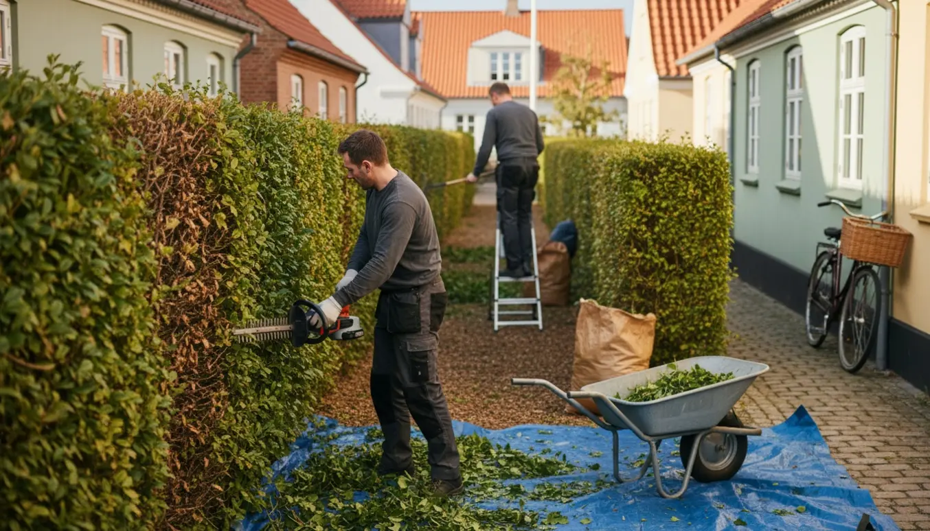 Havearbejder klipper en 2 m høj hæk på en villavej i Sæby, med afklip samlet i en trillebør.