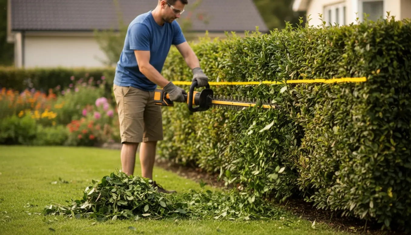 En person klipper en havehæk langs en gul markeringsstreg med en batteridrevet hækkeklipper og friske afklip på græsset.