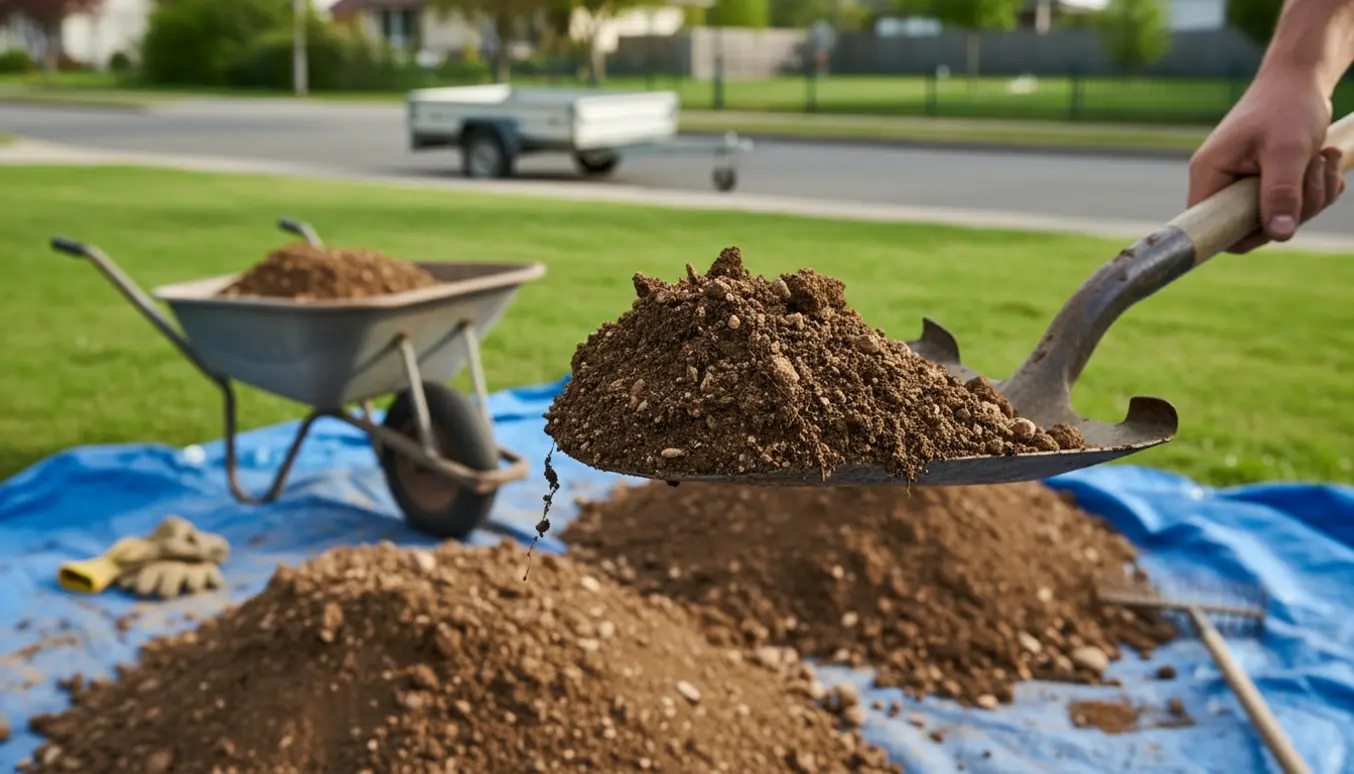 Skovl og trillebør med jord og små sten i en have, klar til bortkørsel.