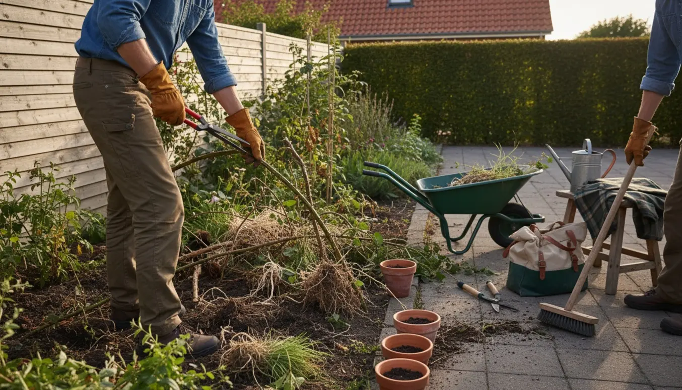 En havehjælper fjerner brombærranker og en vild rose ved en terrasse og staudebed med haveredskaber og en trillebør i aftenslys.
