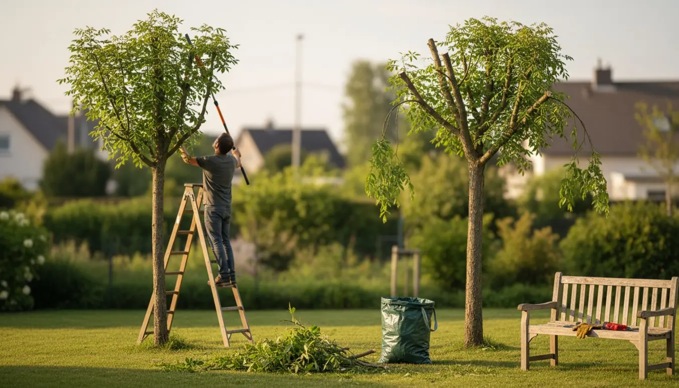 Let beskæring af to 5 m høje robiniatræer i en have, en håndværker på stige bruger en lang grensaks, afklippede grene samlet i bunke.