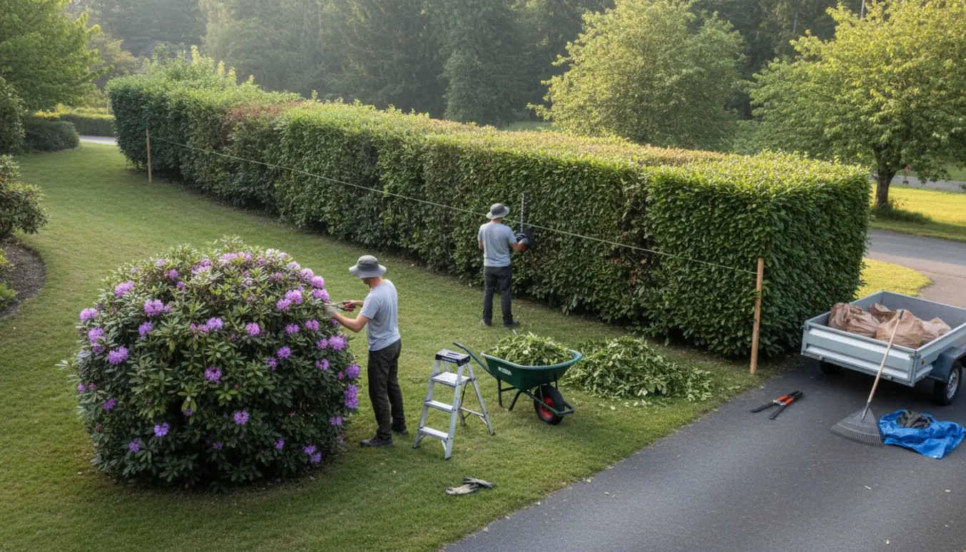 Gartner set bagfra trimmer en lang hæk og retter en rhododendron med trillebør og trailer klar til bortkørsel.