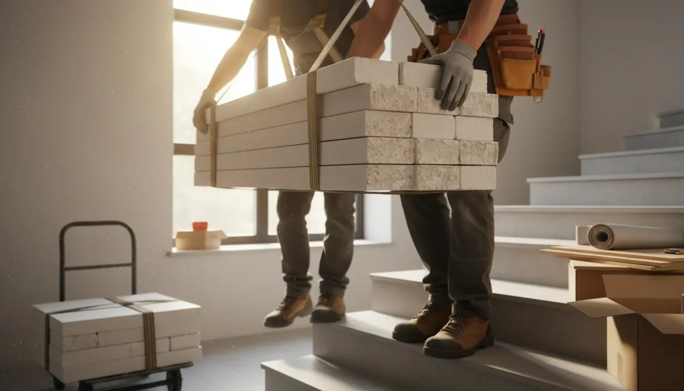 To håndværkere bærer en stak små gipsplader op ad en solbelyst trappe med gulvplanker og materialer på gangen.
