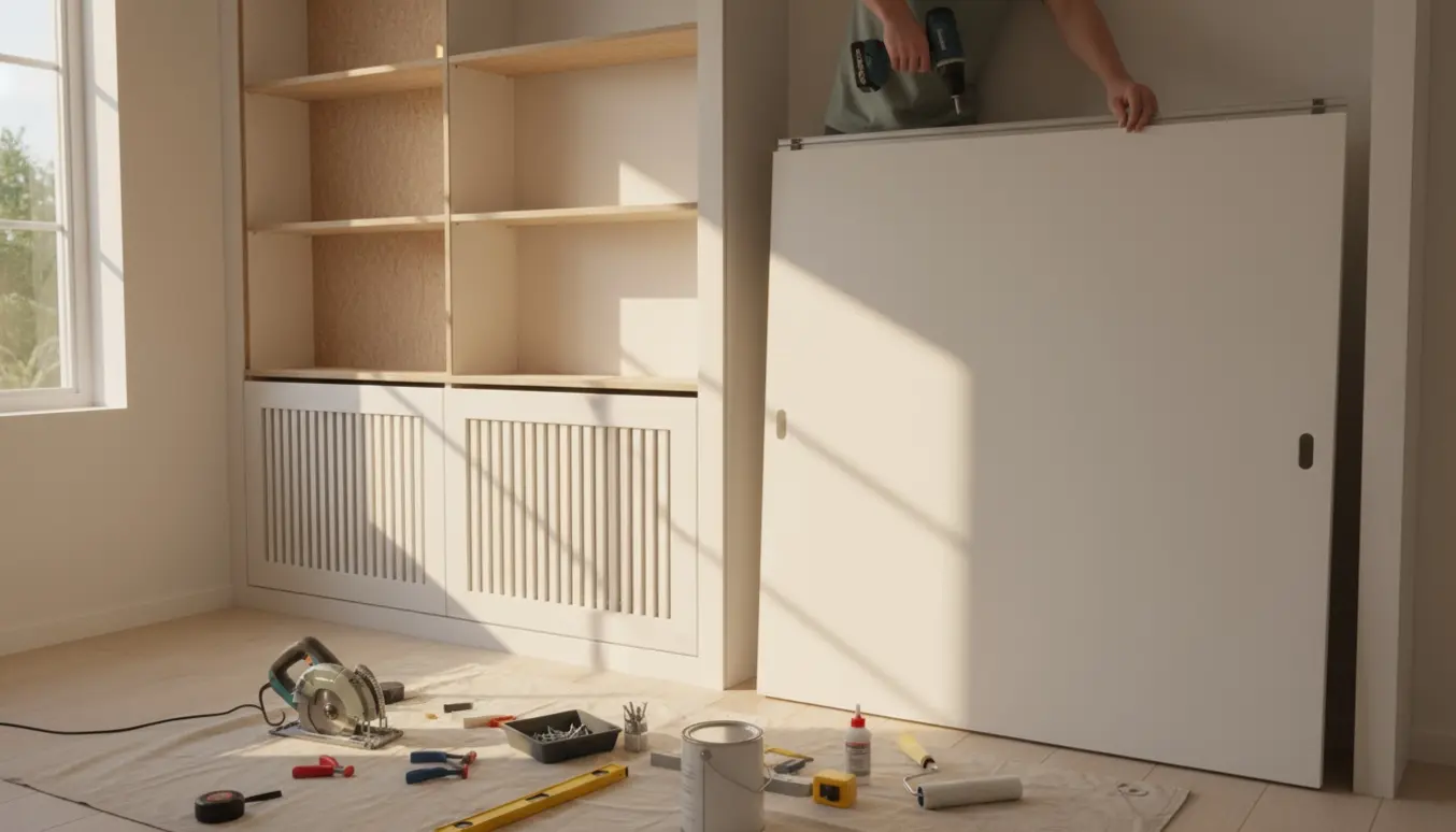 Indbygget hvidmalet MDF-reol med radiatorskjuler og et skydedørspanel under montering i et lyst, skandinavisk rum.