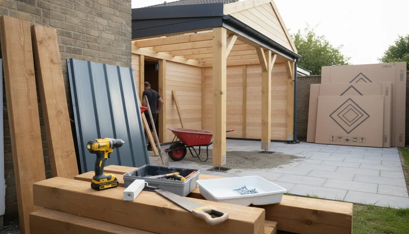 Bygge af overdækket terrasse med træstolper, våd beton, trapezplader og samleskit haveskur i baggrunden.