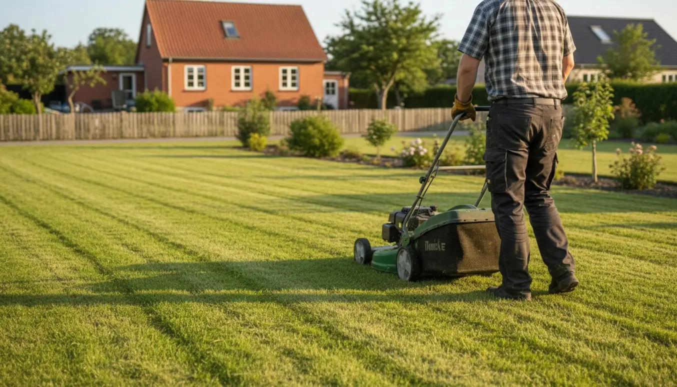 En person slår en lang, grøn græsplæne med en plæneklipper bagfra, med nyklippede striber og buske langs skellet.