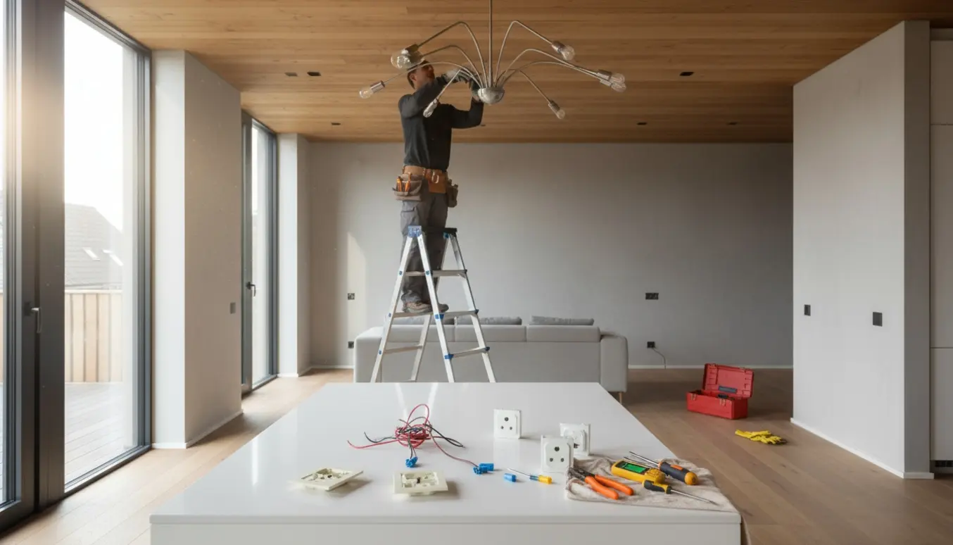 Håndværker på stige ved træloft flytter loftlampe, mens åbne stikkontakter, værktøj og reservedele ligger klar i køkken-alrum.