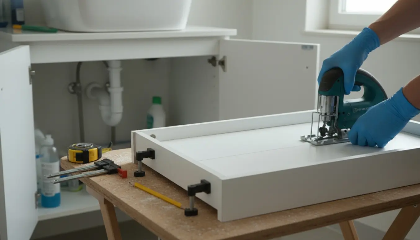 Hænder afkorter en Ikea-skuffe ved vasken, så den ikke rammer vandlåsen.