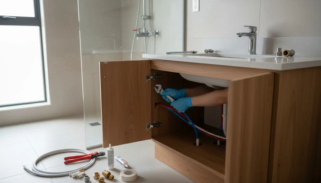 Nyt vaskeskab og brusearmatur under installation med håndværkerens hænder og rør i et moderne badeværelse.