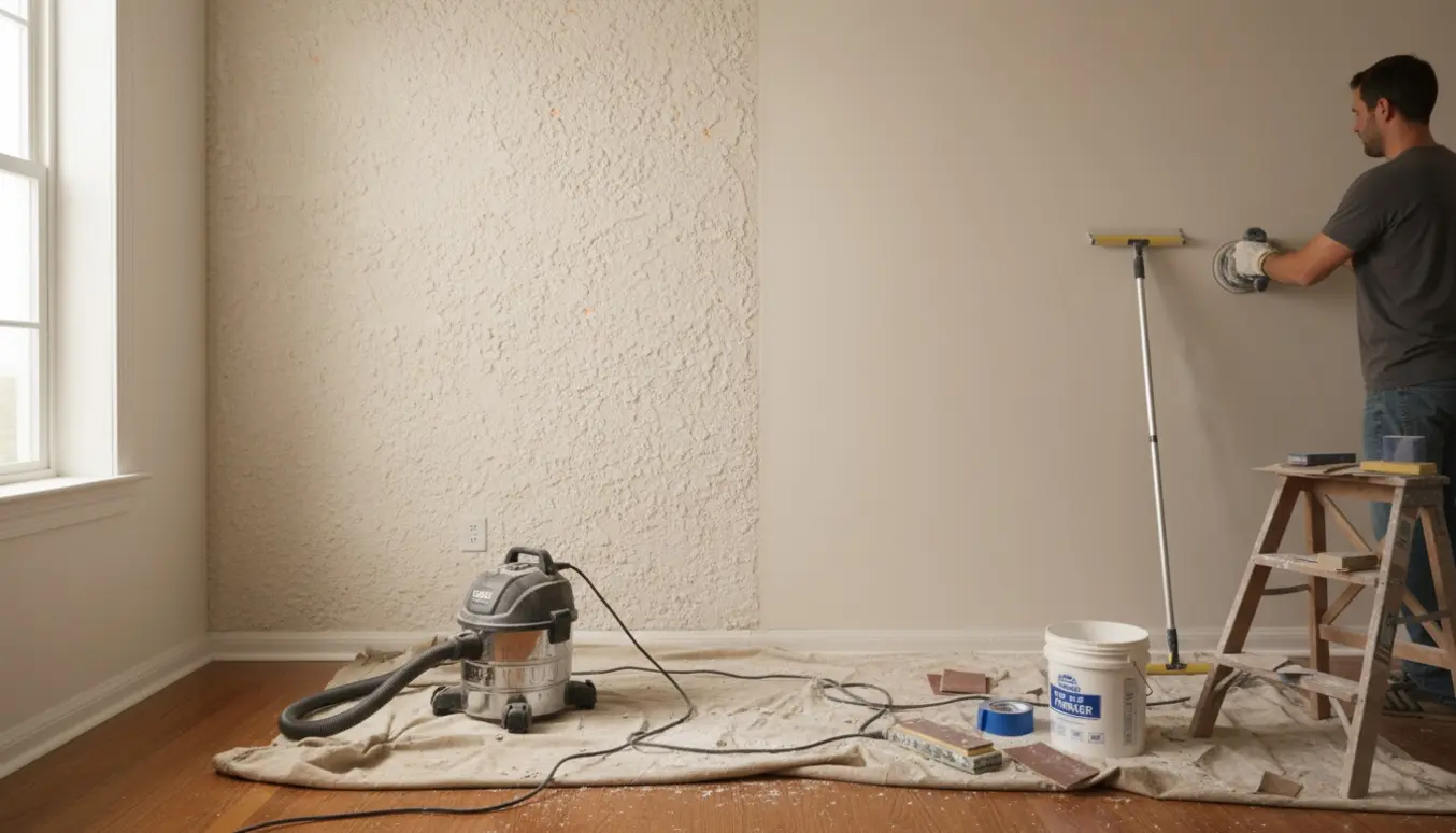 Hænder sliber strukturmaling væk i et lille solbelyst værelse med værktøj og afdækning klar.