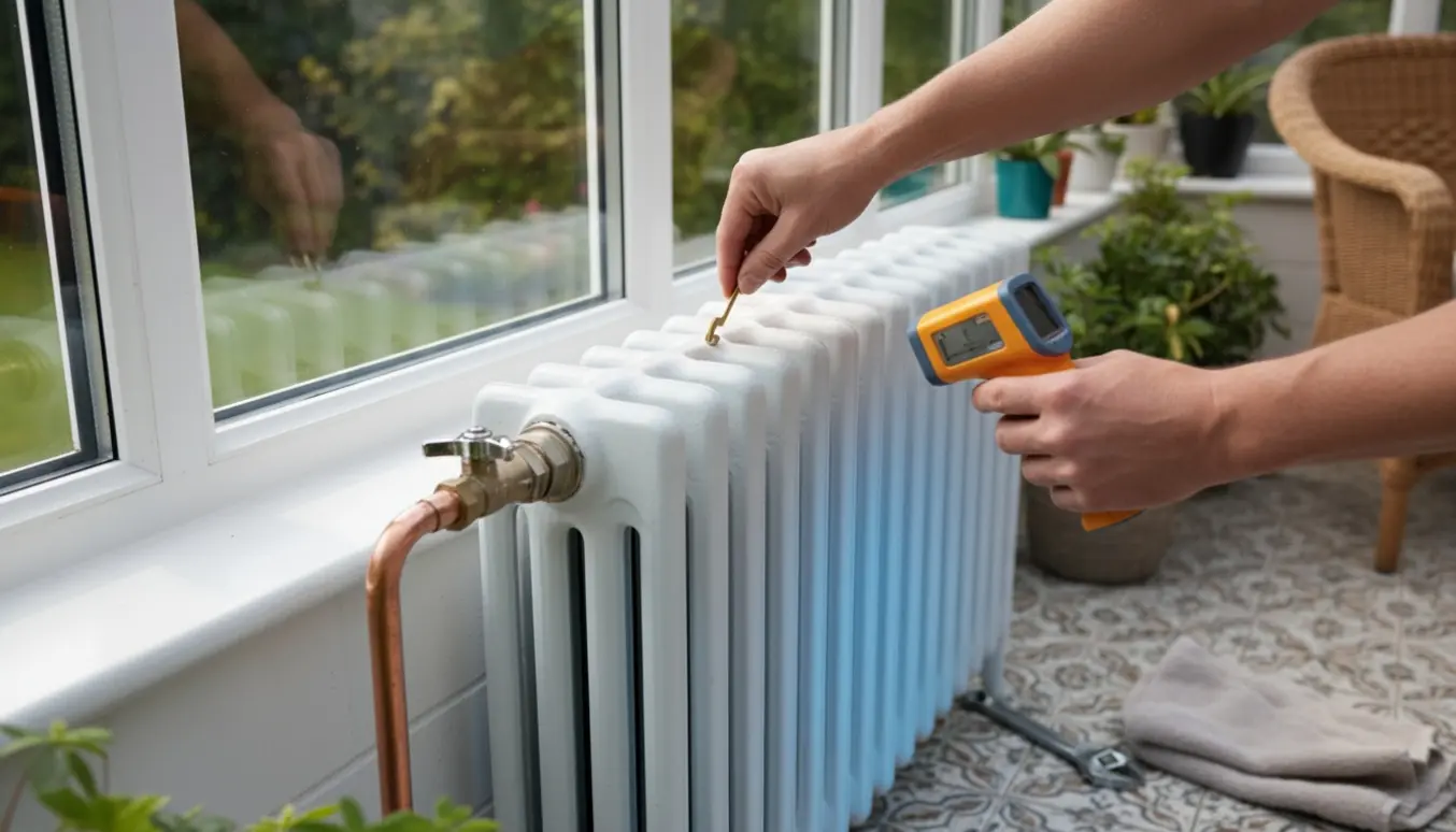 Hænder udlufter en radiator i en lys udestue med radiatornøgle og synligt enkelt forsyningsrør.