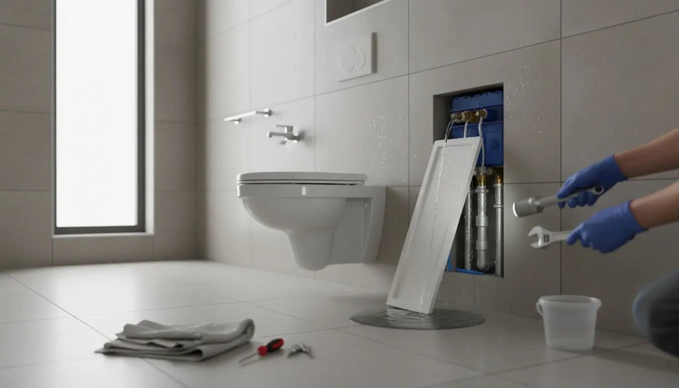 Vægmonteret toilet med åben serviceklap og hænder, der inspicerer en løbende cisterne.