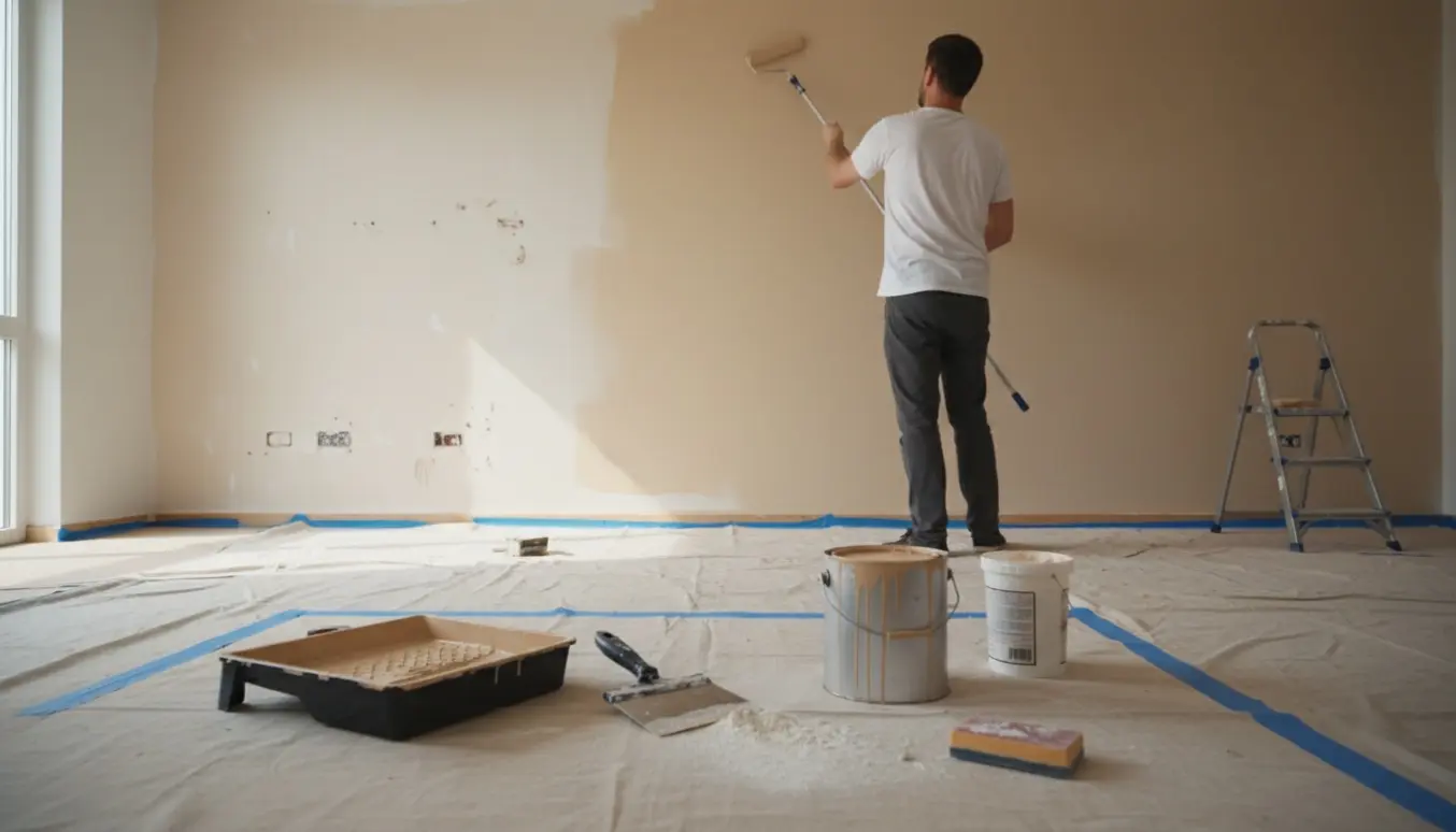 En maler ruller maling på en stor, forberedt væg, mens spartel og lukkede huller er synlige.