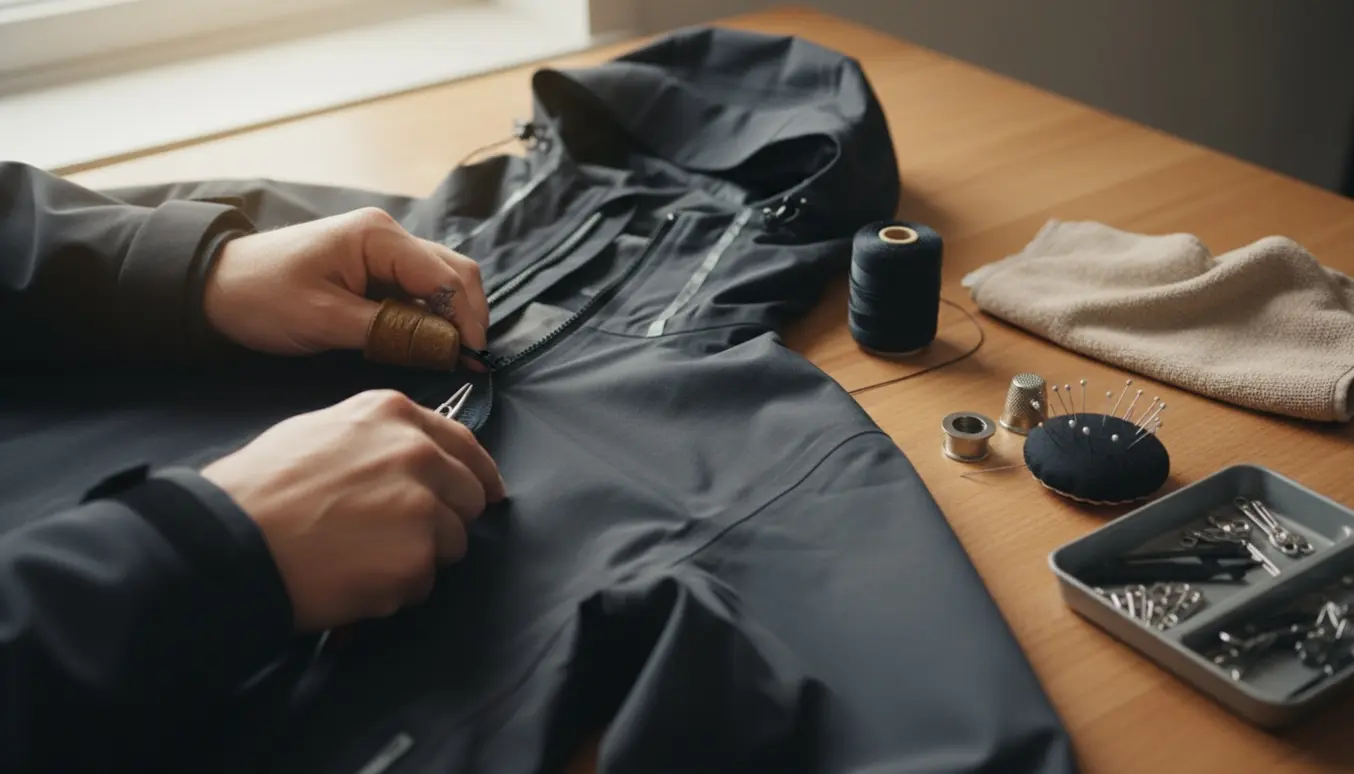 Hænder udskifter en ny lynlås på en mørk teknisk jakke på et ryddeligt sybord.