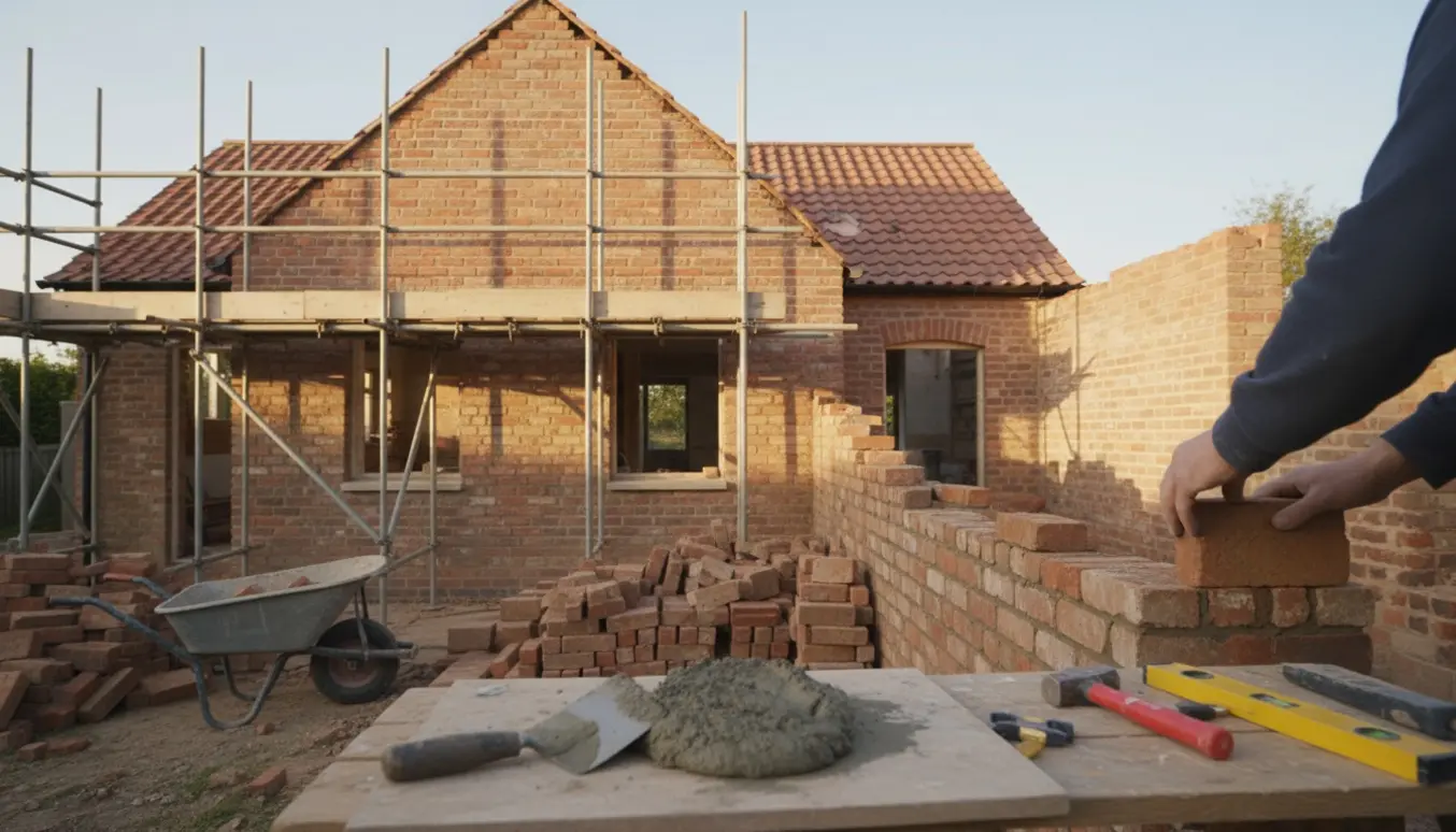 Delvist nedrevet gavl og murerarbejde med genbrugte mursten og frisk mørtel i naturligt dagslys.